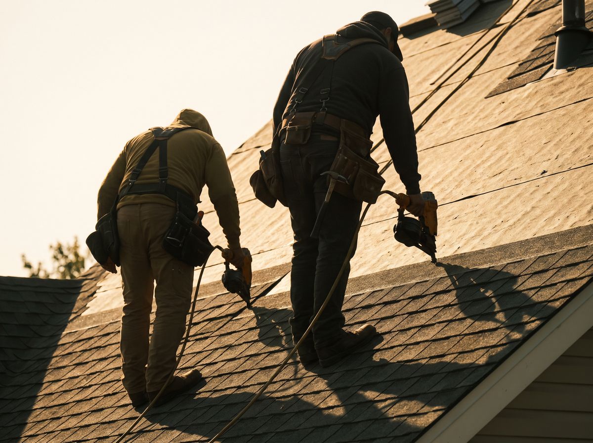 Roofing crew installing shingles on a steep roof at golden hour