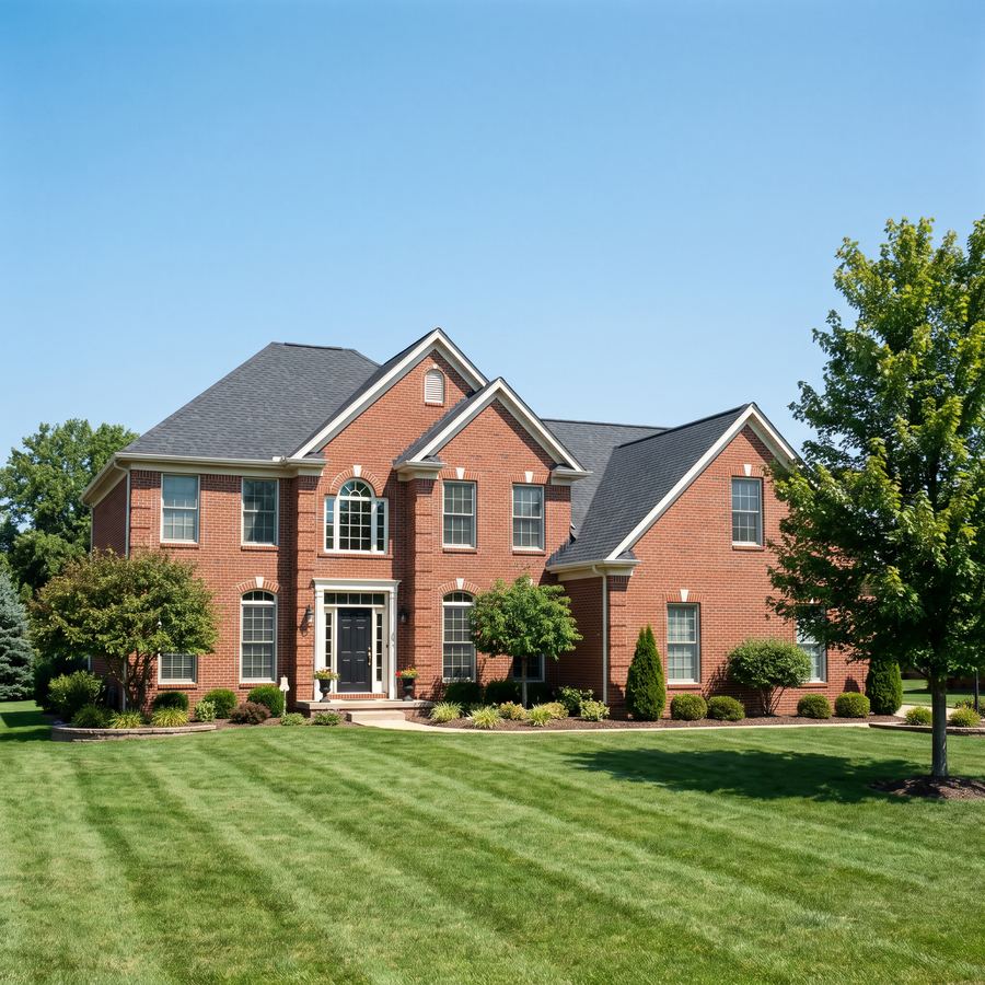 A brick home with a newly completed dark asphalt shingle roof replacement