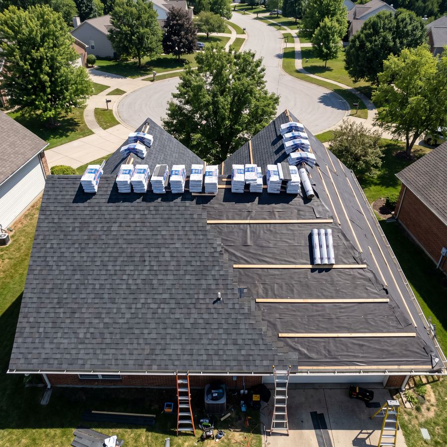 Aerial view of a residential roof mid-installation with new shingles and stacked material bundles