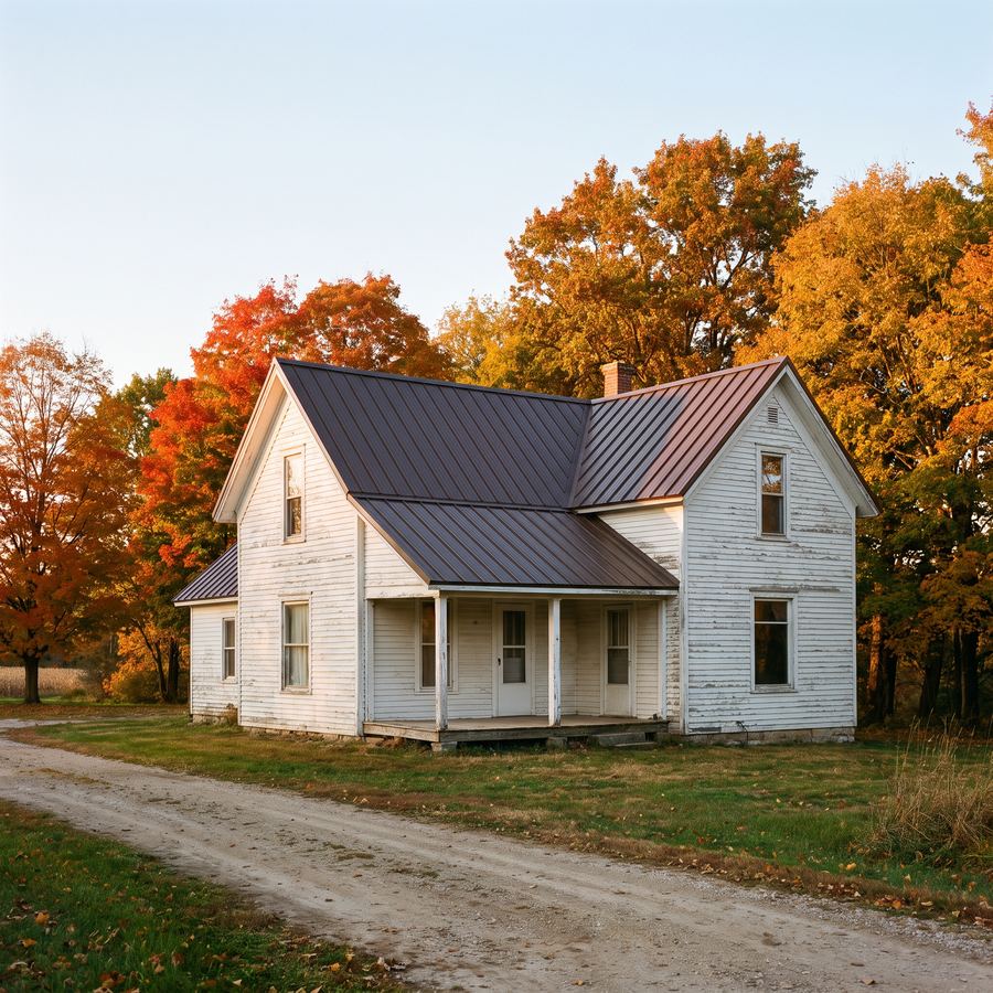 Rural farmhouse with a new standing-seam metal roof surrounded by autumn trees