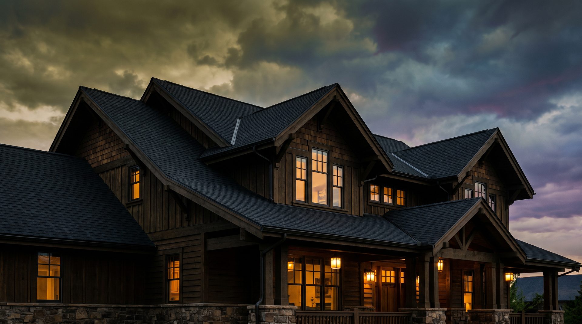A large home with a freshly installed dark shingle roof at dusk